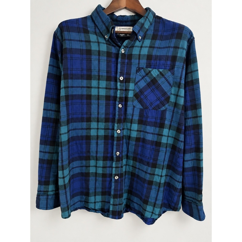Magellan Outdoors Men XL Canyon Creek Flannel Blue Green Plaid Cotton Woodsy